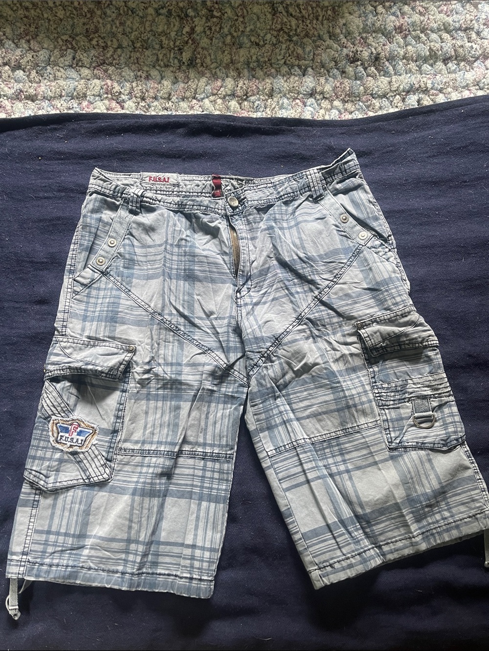 Casual Light Blue Plaid Cargo Shorts with Multiple Pockets